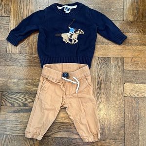 Janie and Jack 3-6 month sweater and Gap khaki pants 3-6 months.